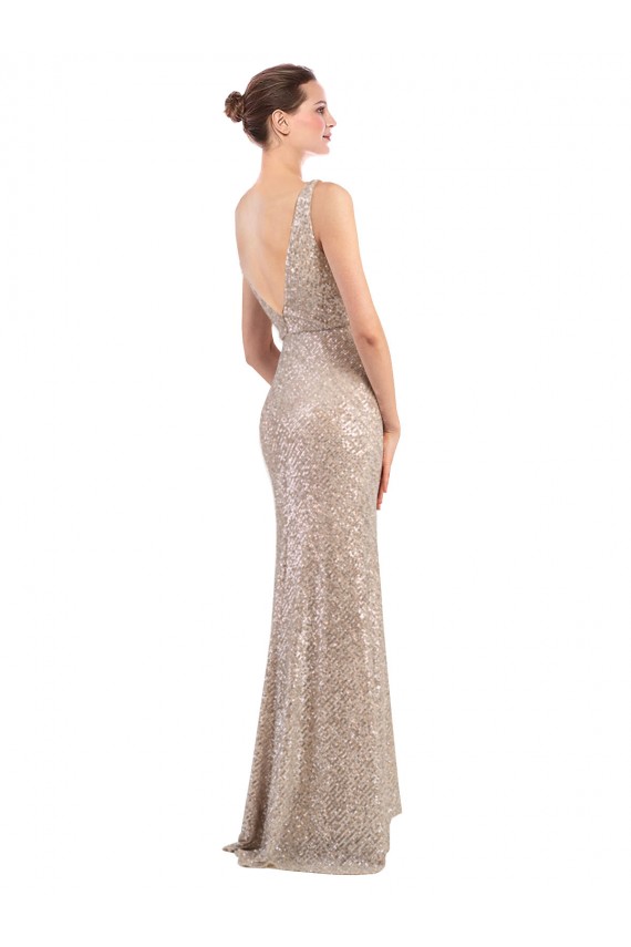 Sleeveless V-Neck Sequin & Sparkling Sequin Silver Long Formal Dress