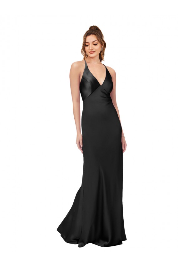 Sleeveless V-Neck Silky Satin Black Long Black Tie Formal Dress