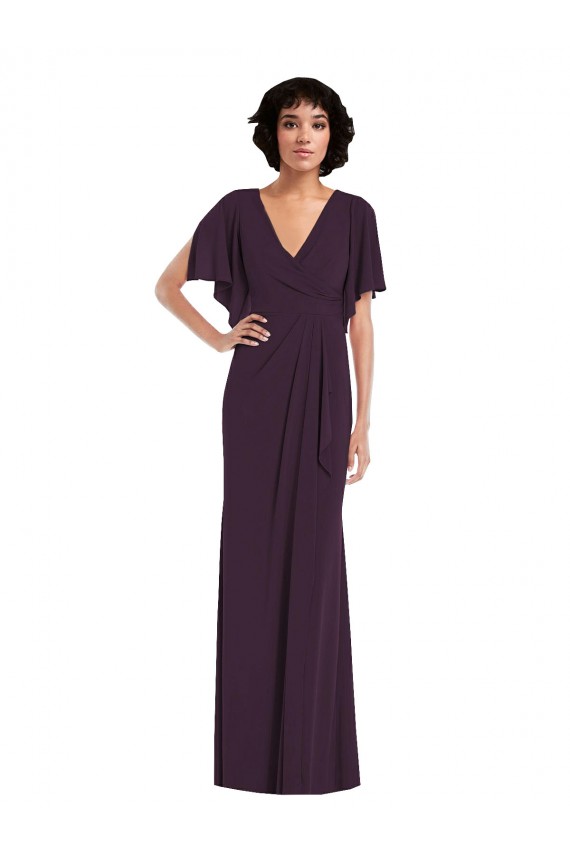 Split Sleeves V-Neck Spandex Grape Long Formal Dress