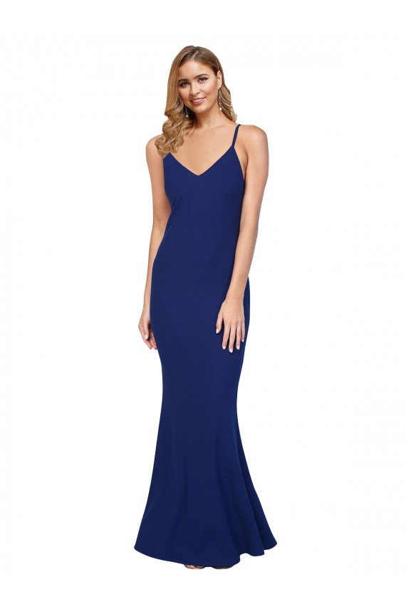 Sleeveless V-Neck Stretch Crepe Royal Blue Long Formal Gowns