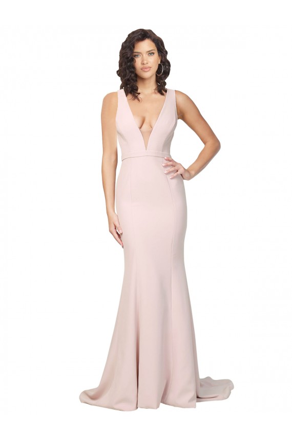 Sleeveless V-Neck Stretch Crepe Pink Sweep Train Black Tie Formal Gowns