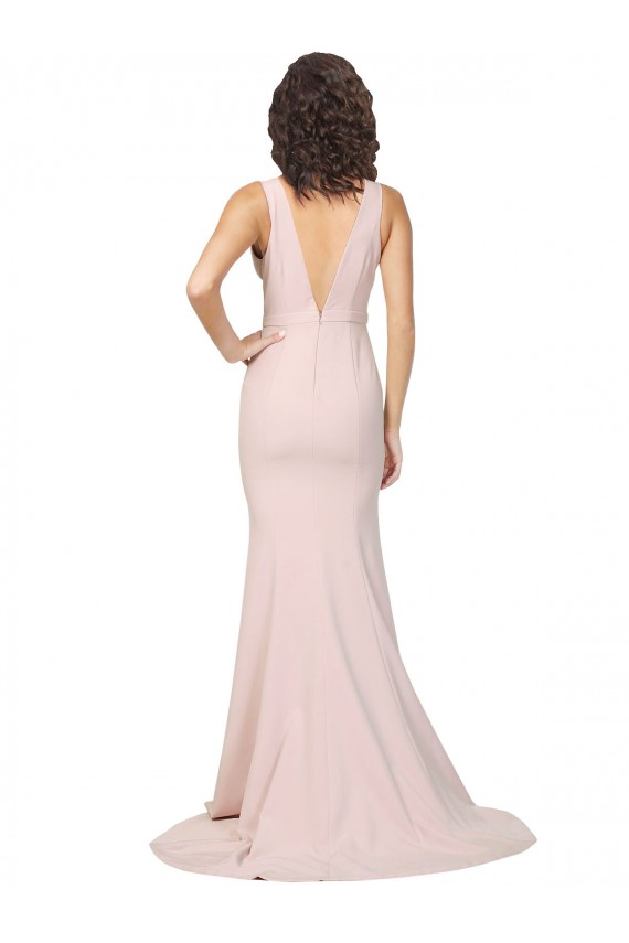 Sleeveless V-Neck Stretch Crepe Pink Sweep Train Black Tie Formal Gowns