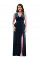 Sleeveless V-Neck Stretch Velvet Dark Navy Long Formal Plus Size Formal Dress