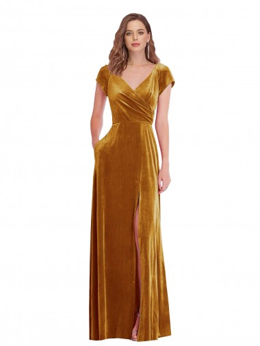 Affordable Cap Sleeves V-Neck Stretch Velvet Gold Long Formal Dress UK
