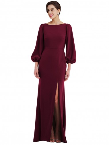 Affordable Long Sleeves Bateau Neck Stretch Crepe Burgundy Gold Long Formal Dress UK