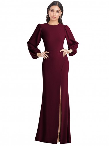 Affordable Puff Sleeves Bateau Neck Stretch Crepe Burgundy Gold Long Formal Dress UK