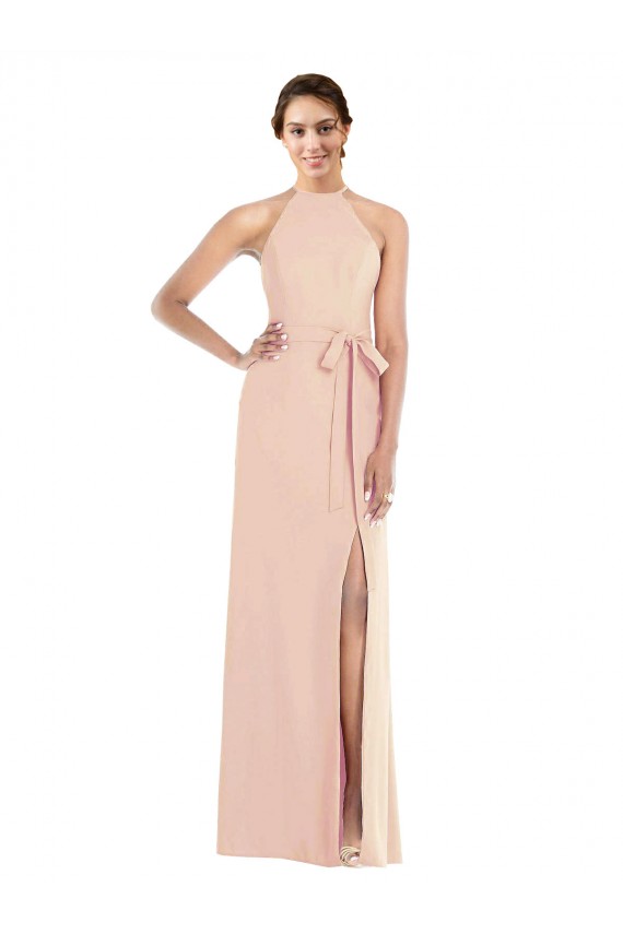 Sleeveless Halter Neck Stretch Crepe Nude Long Formal Dress