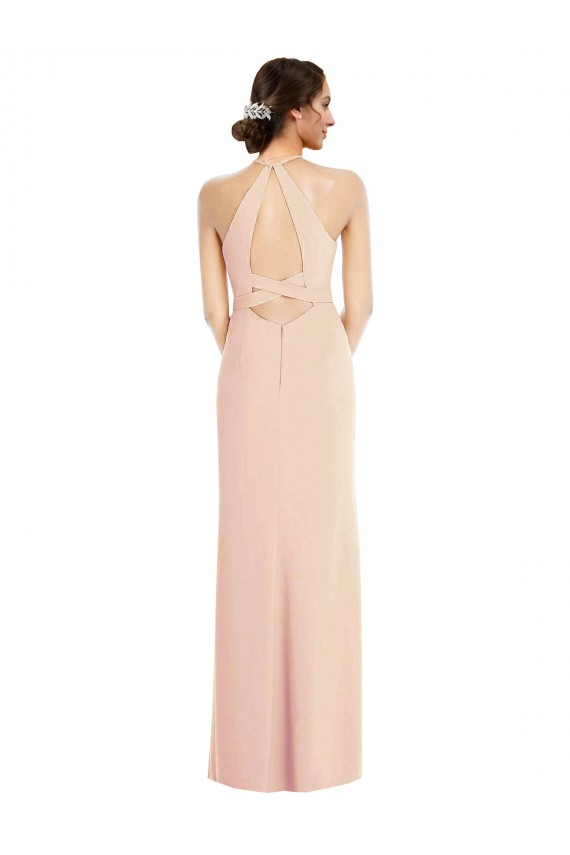 Sleeveless Halter Neck Stretch Crepe Nude Long Formal Dress