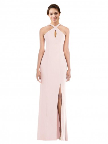 Affordable Sleeveless Halter Neck Stretch Crepe Pink Long Formal Dress UK