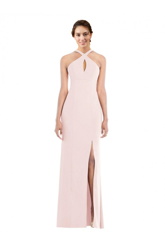 Sleeveless Halter Neck Stretch Crepe Pink Long Formal Dress