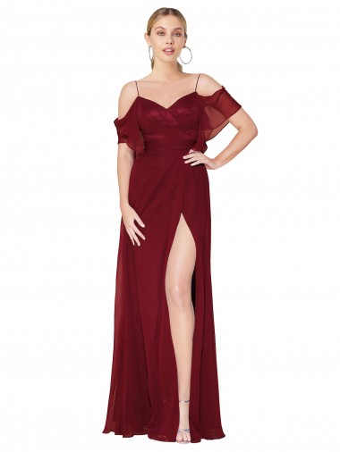 Affordable Cold Shoulder High Neck Chiffon Burgundy Long Formal Dress UK