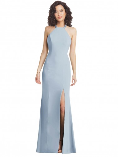 Affordable Sleeveless High Neck Stretch Crepe Light Sky Blue Long Open Back Formal Dress UK