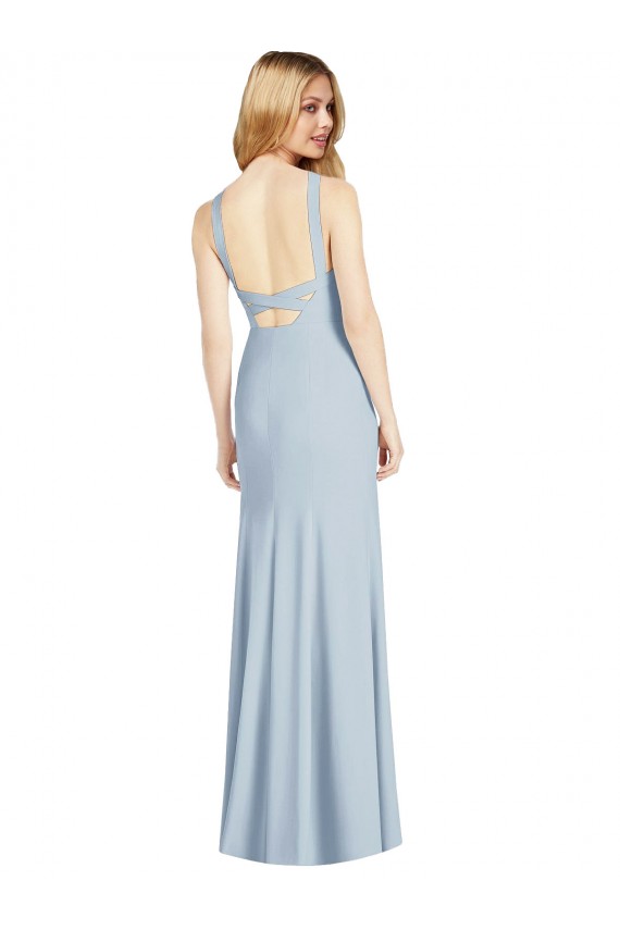 Sleeveless High Neck Stretch Crepe Light Sky Blue Long Sexy Formal Dress