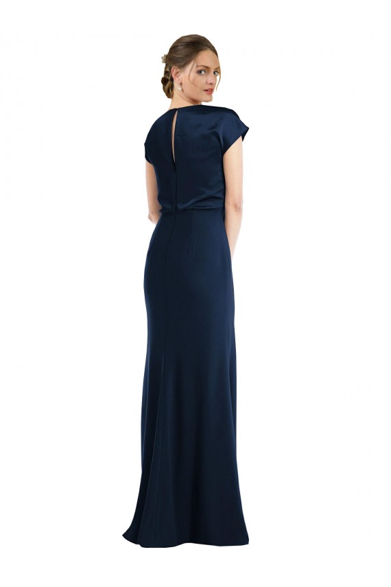 Cap Sleeves Off the Shoulder Stretch Crepe Dark Navy Long Formal Dress
