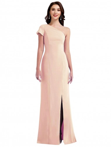 Affordable Cap Sleeves One Shoulder Stretch Crepe Nude Long Formal Dress UK