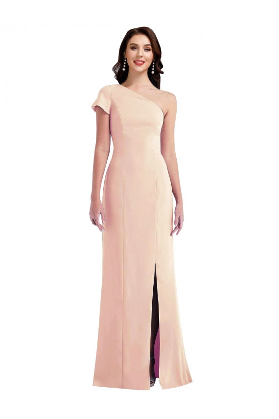 Cap Sleeves One Shoulder Stretch Crepe Nude Long Formal Dress