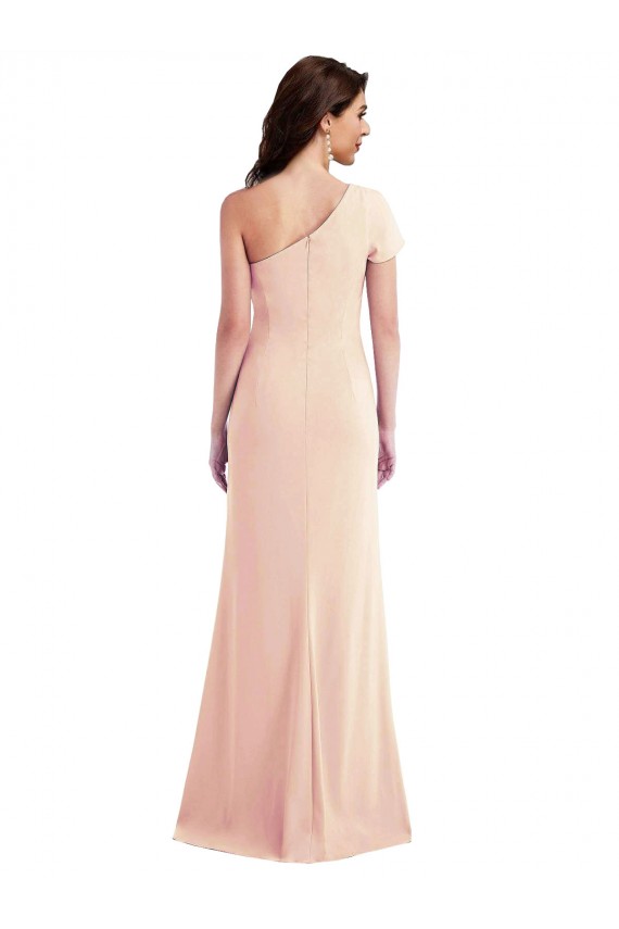 Cap Sleeves One Shoulder Stretch Crepe Nude Long Formal Dress