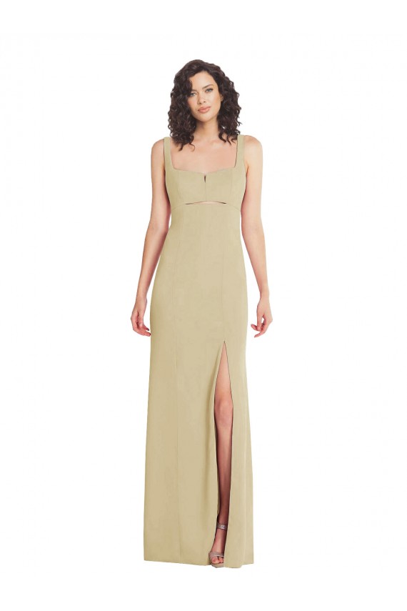 Sleeveless Square Neck Stretch Crepe Champagne Long Formal Dress