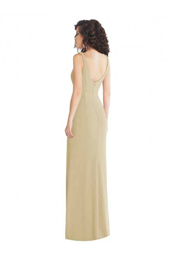 Sleeveless Square Neck Stretch Crepe Champagne Long Formal Dress