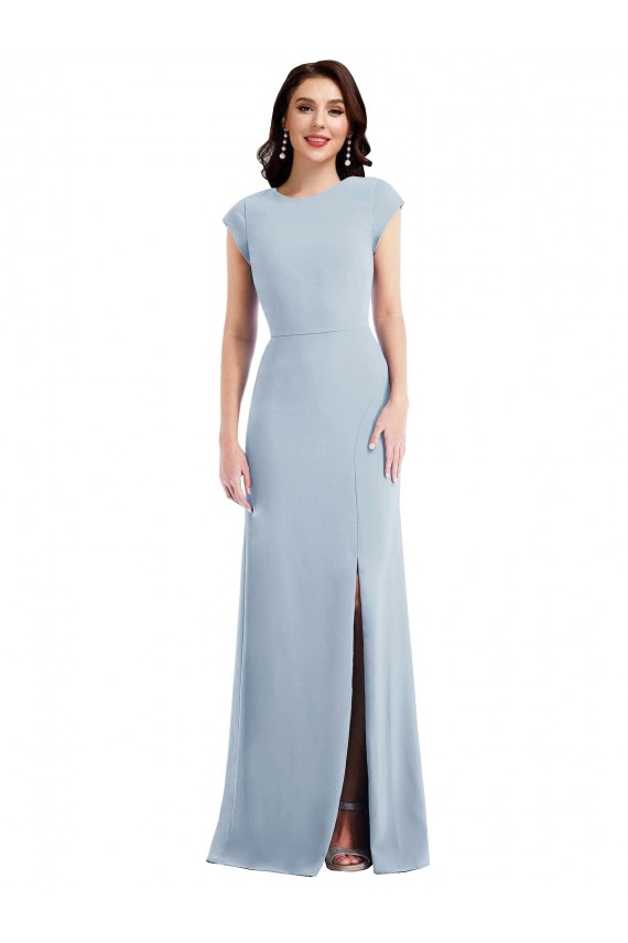 Cap Sleeves Stretch Crepe Light Sky Blue Long Formal Dress