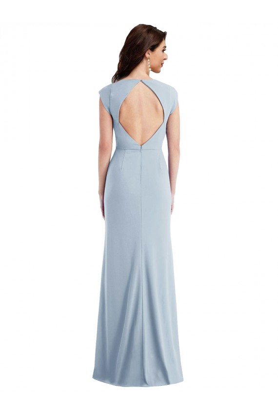 Cap Sleeves Stretch Crepe Light Sky Blue Long Formal Dress