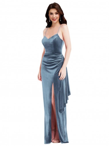 Affordable Sleeveless Sweetheart Stretch Velvet Dusty Blue Long Formal Dress UK