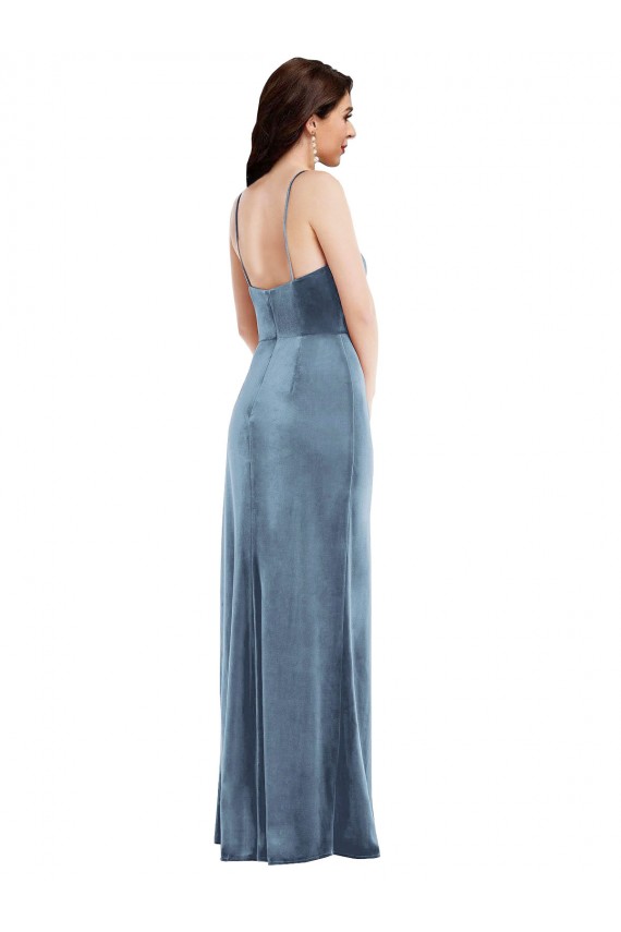 Sleeveless Sweetheart Stretch Velvet Dusty Blue Long Formal Dress