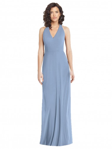 Affordable Sleeveless V-Neck Chiffon Dusty Blue Long Formal Dress UK