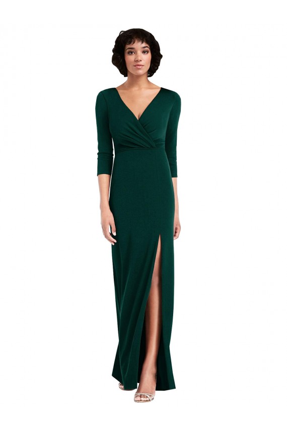Long Sleeves V-Neck Spandex Dark Green Long Formal Dress