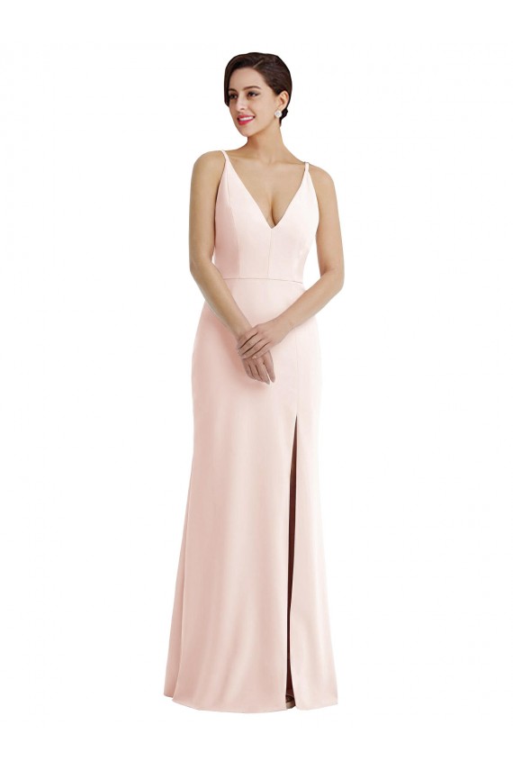 Sleeveless V-Neck Stretch Crepe Pink Long Formal Dresses